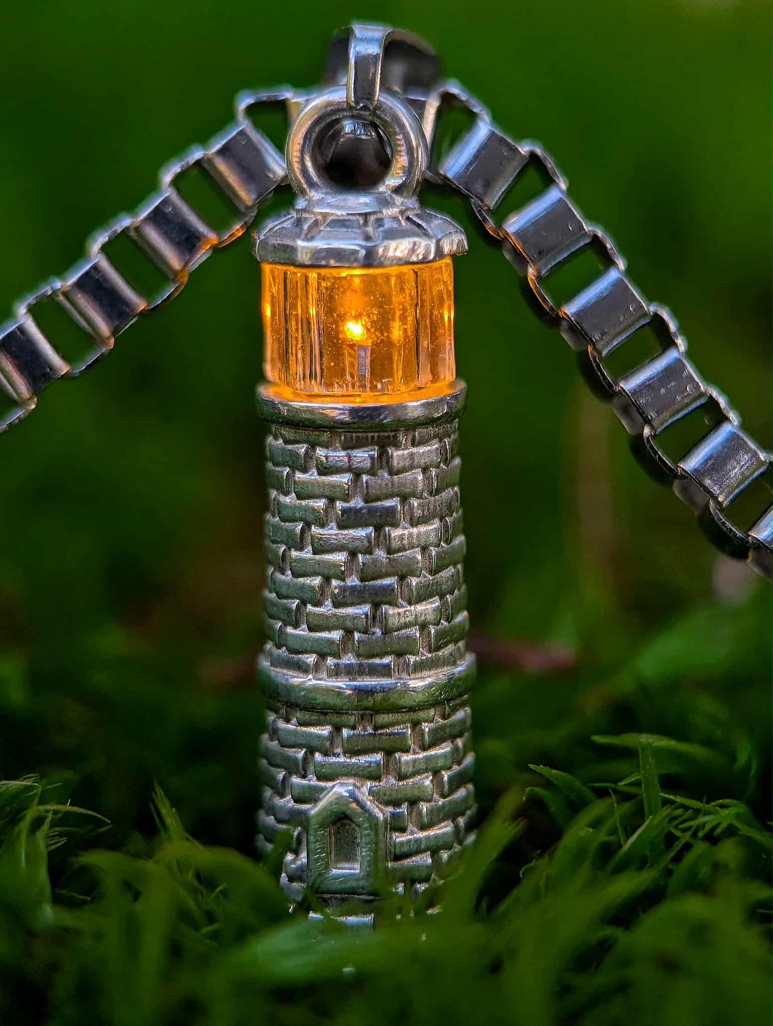 Silver Lighthouse Pendant with LED Light Imitating Real Fire