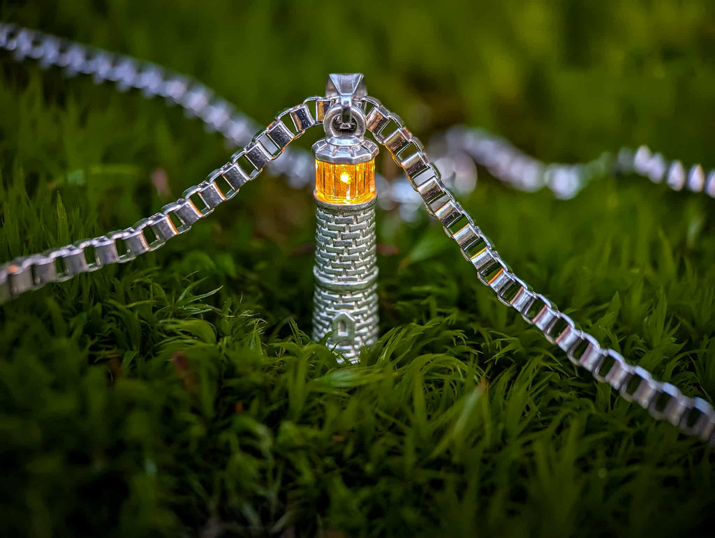 Silver Lighthouse Pendant with LED Light Imitating Real Fire