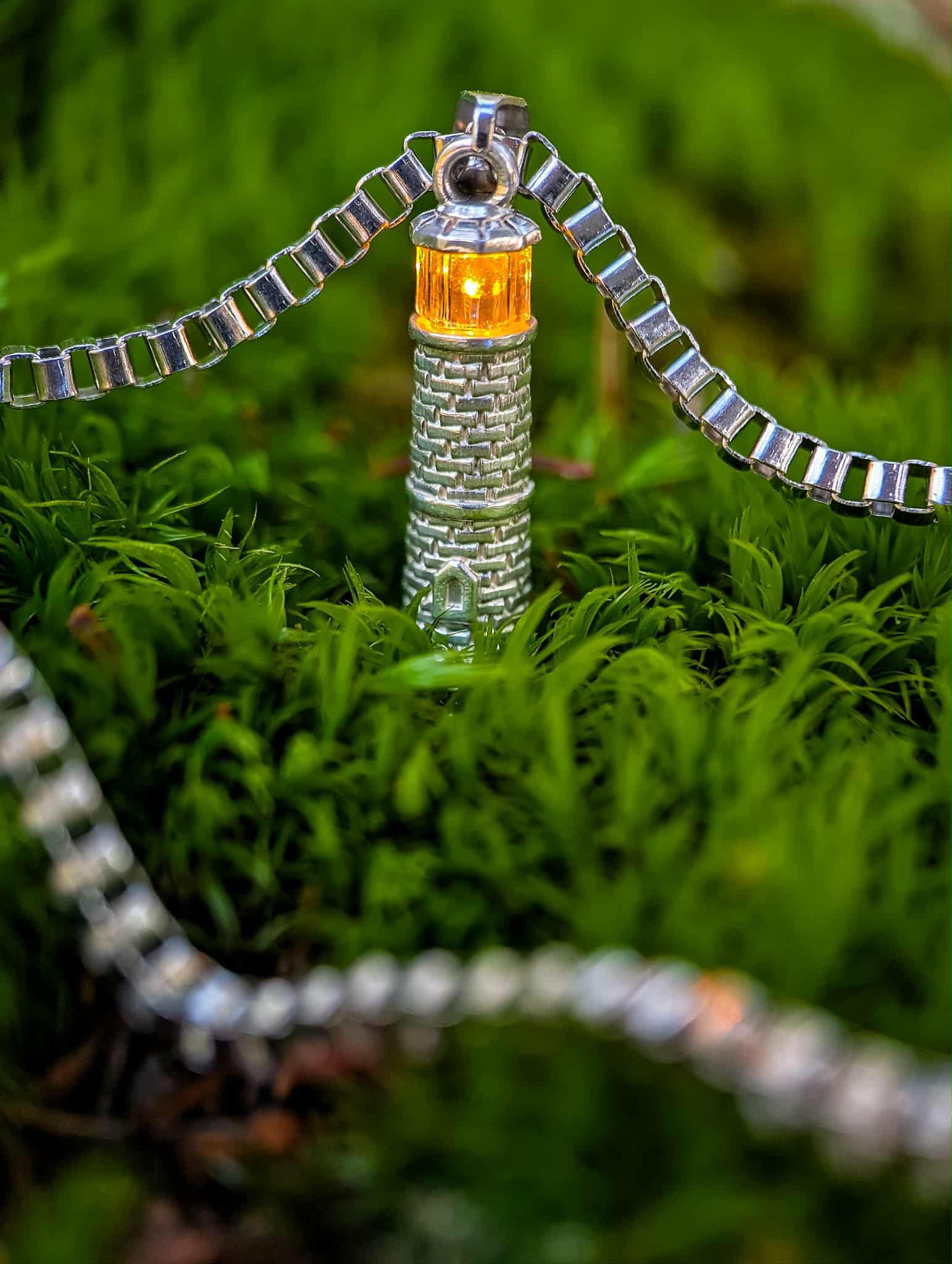 Silver Lighthouse Pendant with LED Light Imitating Real Fire